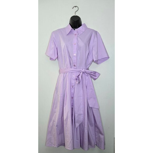 New York & Company Dress Size Large Belted Button-Front Flare Shirtdress Purple - Picture 1 of 7